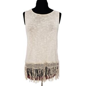 Fringe Boho Hippie Semi Sheer Sleeveless Knit Tunic Top Medium Gypsy Neutral